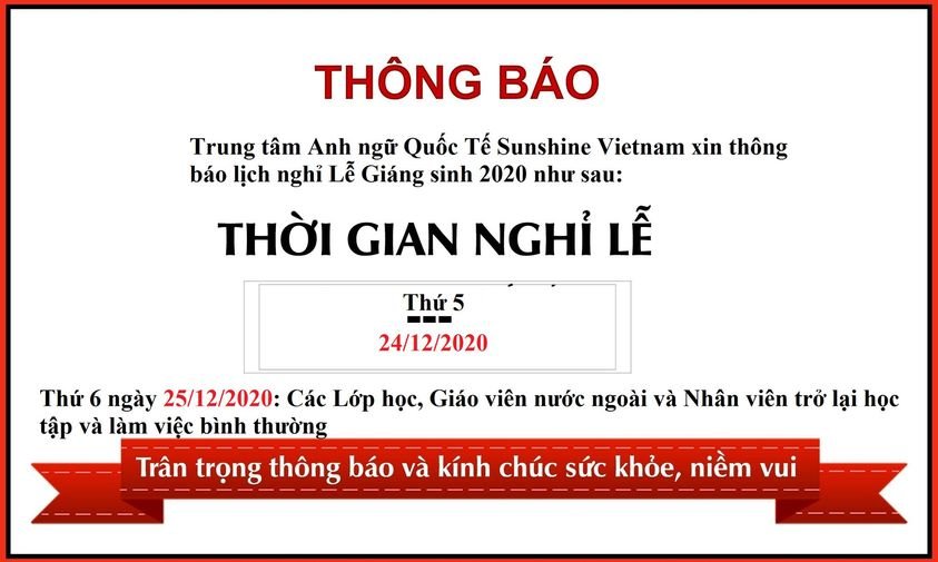 THÔNG BÁO NGHỈ LỄ GIÁNG SINH 2020