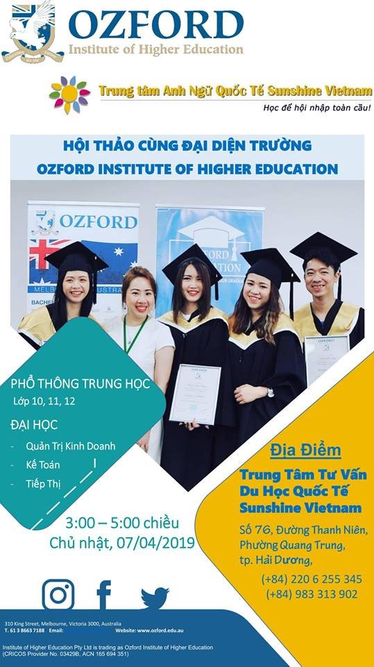 HỘI THẢO DU HỌC ÚC: GẶP GỠ ĐẠI DIỆN TRƯỜNG OZFORD INSTITUTE OF HIGHER EDUCATION – MELBOURNE THÁNG 4/2019